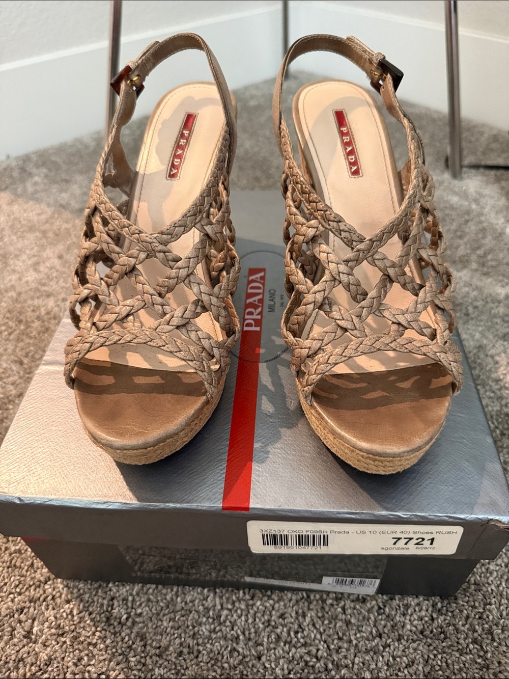 Prada Braided Leather Wedge Espadrille Sandals EU 40 Box & Dust Bag Inc